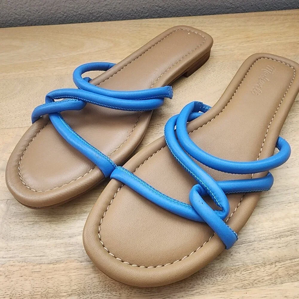 Madewell The Amel Slide Ornamental Blue Leather Sandals Womens Size 10